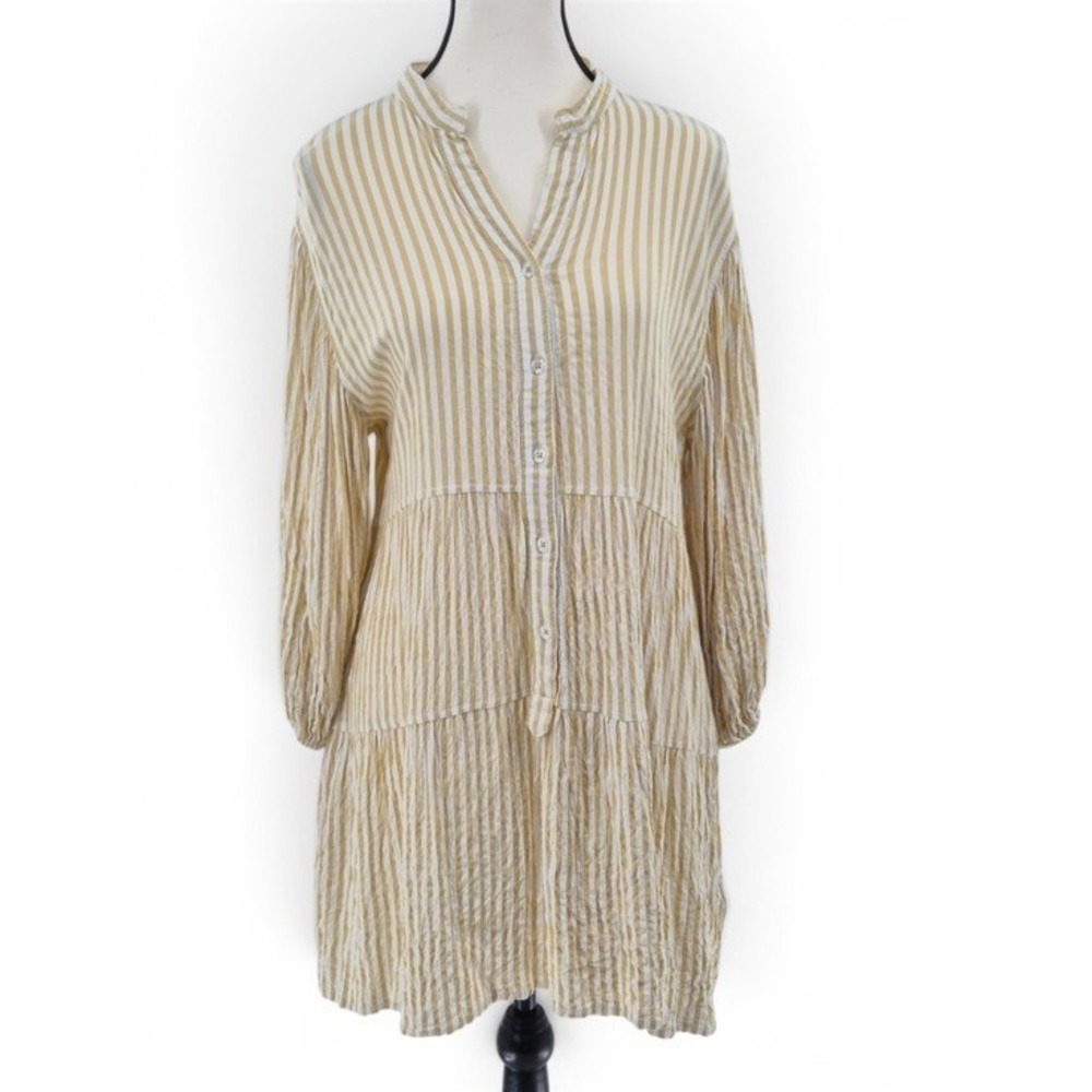 Max Studio Yellow White Striped Tiered Mini Shirt Dress Med Lagenlook Babydoll - Picture 3 of 14